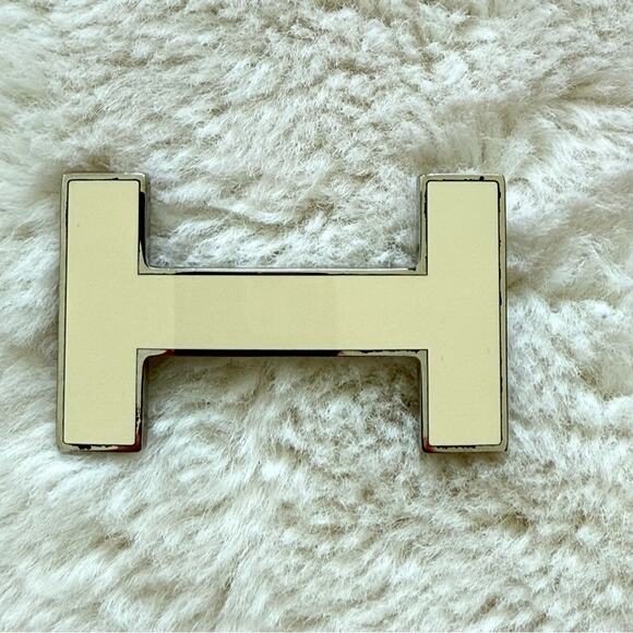 Hermes 32mm H Creme White Enamel Silvertone Belt Buckle Authentic
